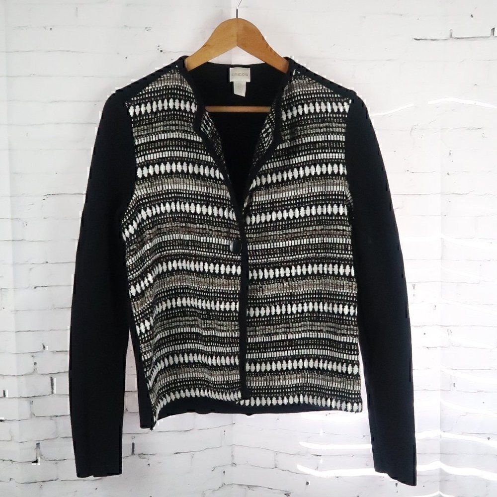 CHICO'S BLACK LONG SLEEVE ONE BUTTON CARDIGAN WITH KNIT DETAIL SIZE SMALL